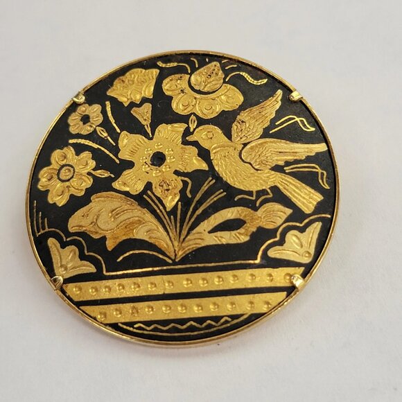 Vintage Flower and Bird Damascene Brooch - Picture 2 of 8
